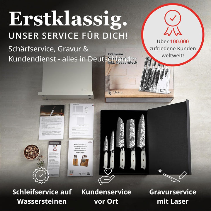 Wakoli Perle Blanche Damastmesser-Set mit Messerblock | 5-teilig, 9–20 cm Klingen aus 67 Lagen Damas