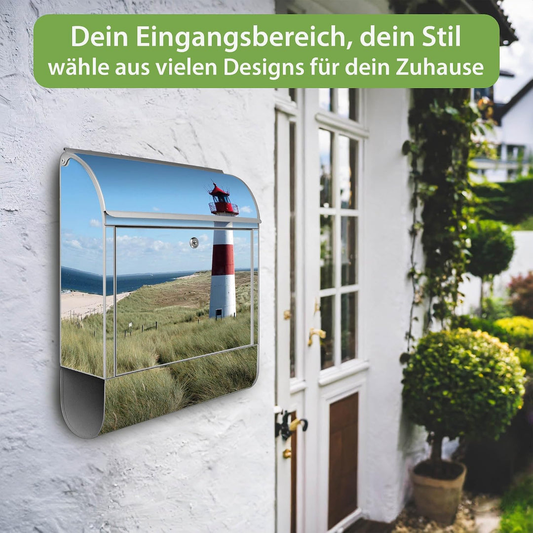 banjado® Design Briefkasten mit Motiv Leuchtturm 39x47x14cm &amp; 2 Schlüssel - Briefkasten Stahl Silber