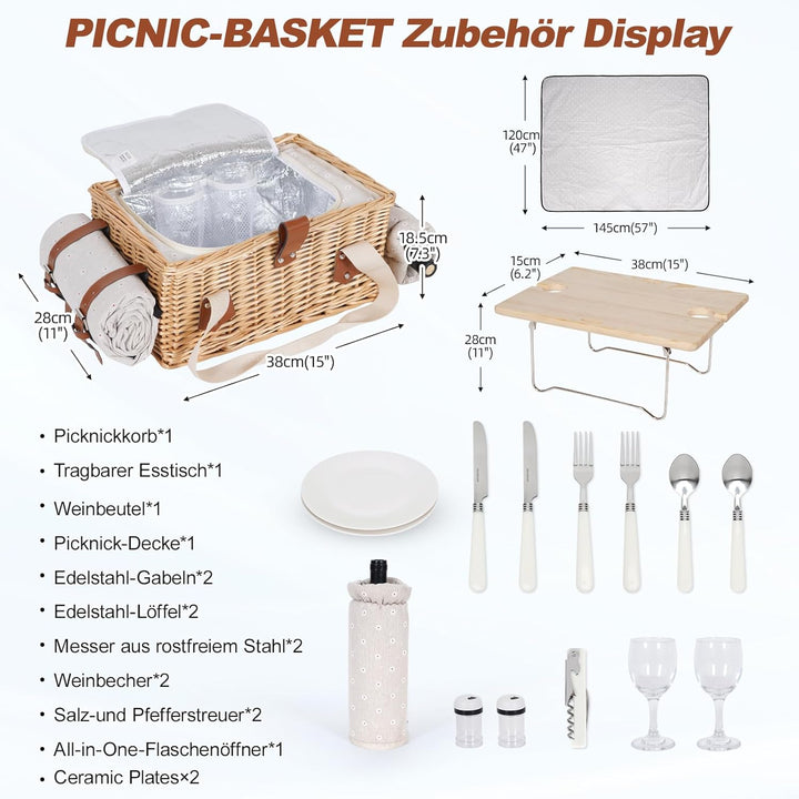 Picknickkorb-Set mit Mini-Klapptisch und Besteck-Set, Picknickkorb für 4 Personen mit kühltaschen, F