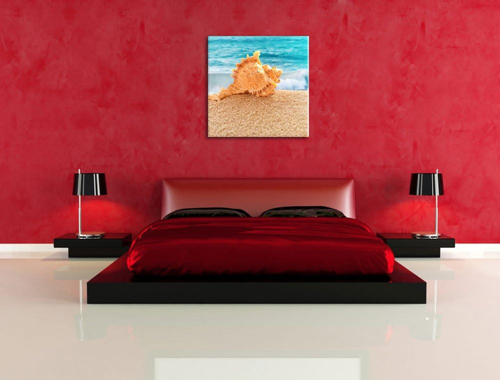Muschel am Strand, Format: 70x70 auf Leinwand, XXL riesige Bilder fertig gerahmt mit Keilrahmen, Kun