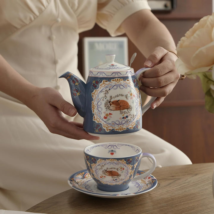 London Pottery Teekannen-Set aus Knochenporzellan, Teekanne und Servierset für einen, Tiermuster, Te