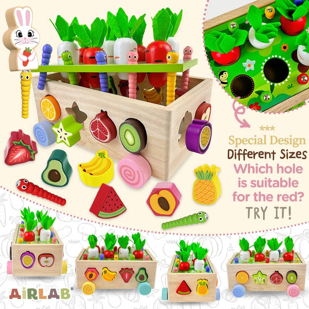 Airlab Montessori Spielzeug ab 1 2 3 Jahren, Holzspielzeug für Kinder, 7-in-1 Karottenernte Motoriks