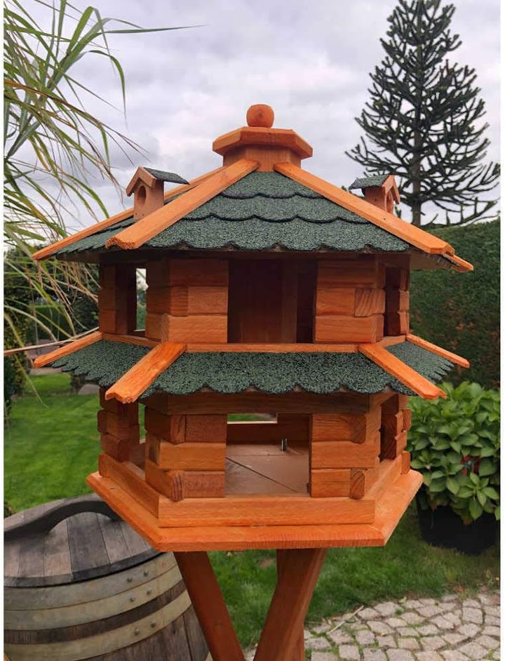 Vogelvilla wetterfest von L bis XL Futterhaus Vogelhaus mit oder ohne Ständer in Braun mit Rot, Grün