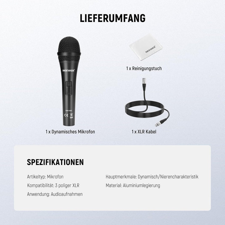 NEEWER Dynamisches Mikrofon Nierencharakteristik Dynamic Microphone mit XLR Kabel, robustem Metallge