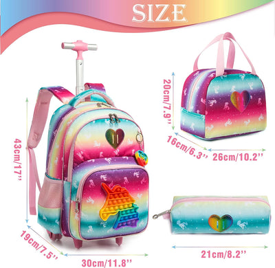 HTgroce Schulranzen Mit Rollen Rollrucksack Schulranzen mit Rollen für Mädchen Pop it Rucksack mit L