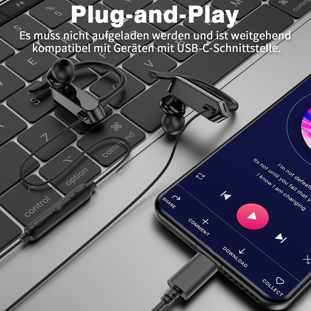 USB C Kopfhörer mit Mikrofon Ohrhaken Lautstärkeregler Kopfhörer USB C mit Kabel für Samsung Galaxy