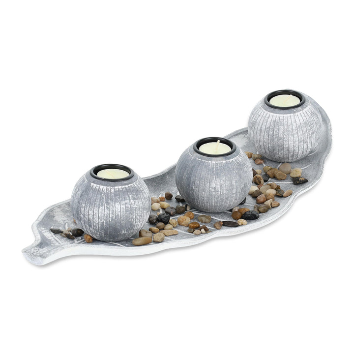 Relaxdays Teelichthalter Set mit Tablett & Steinen, 50 cm lang, Tischdeko Wohnzimmer, Esszimmer, Ker