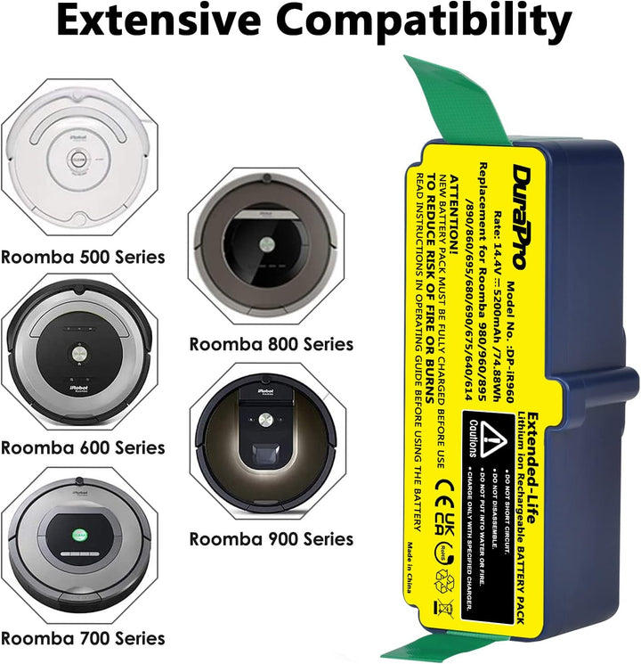 DuraPro 14.4V 5200mAh Li-ion Battery Akku for iRobot Roomba 900 960 965 966 980 865 866 870 871 760