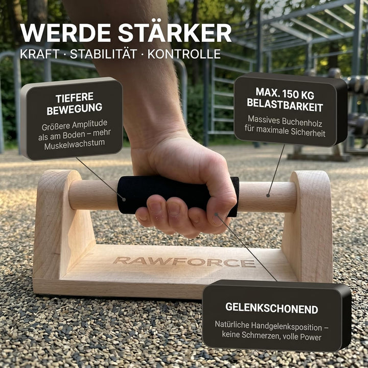 RawForce 2x Liegestützgriffe aus Holz - Joint-Friendly & Rutschfest - Parallettes Push Up Bar - Hand