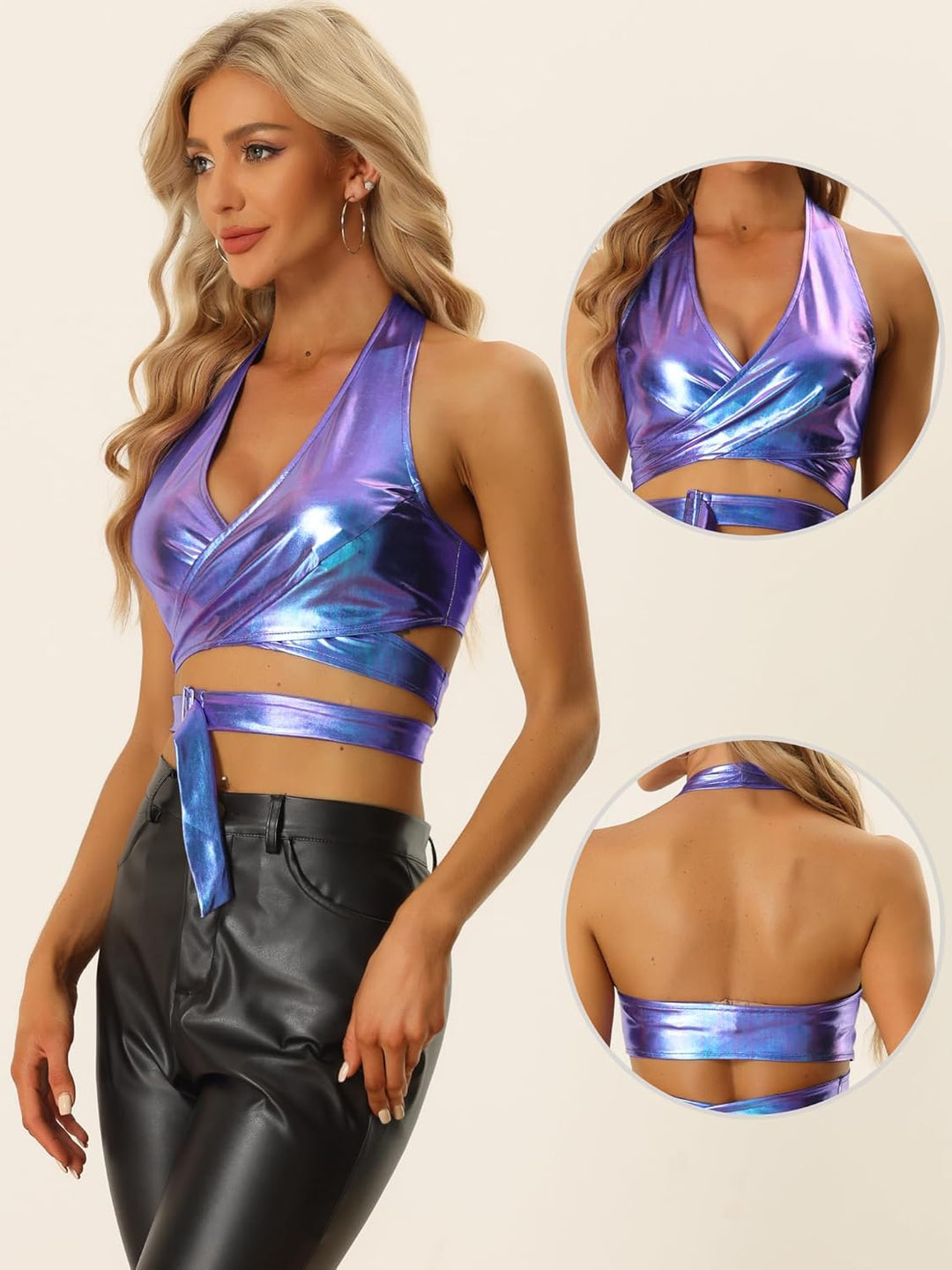 Allegra K Damen Crop Top V-Ausschnitt Metallic Neckholder Rückenfrei Holographic Oberteile S Blau Li