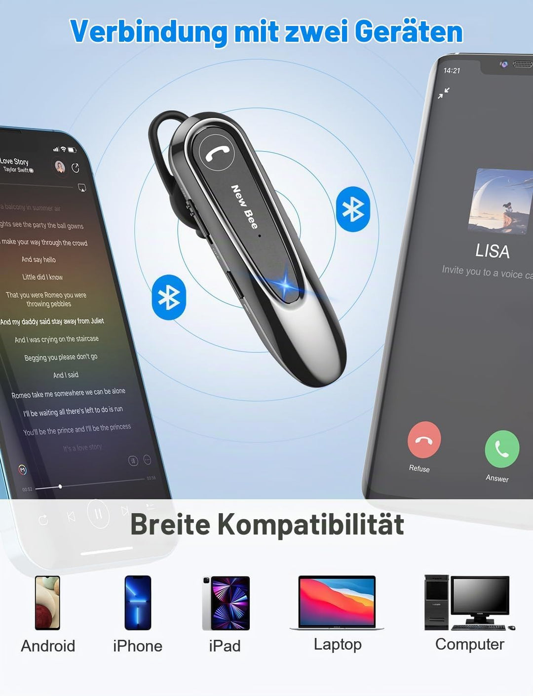 New Bee Bluetooth Headset Wireless Freisprech Telefon mit Dual Mic V5.0 Freisprech-Bluetooth-Ohrhöre