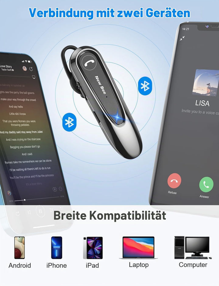 New Bee Bluetooth Headset Wireless Freisprech Telefon mit Dual Mic V5.0 Freisprech-Bluetooth-Ohrhöre