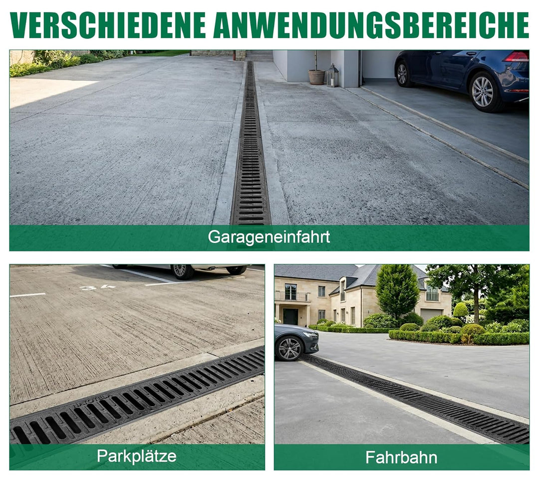 3m Entwässerungsrinne mit B125 Gussrost GJS - 1000 x 155 x 140 mm - Bodenrinne Ablaufrinne für Garag