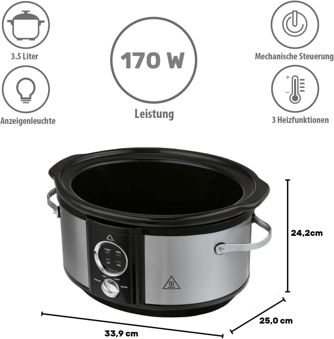 Schongarer 3,5 L Slowcooker Speisenwärmer Keramik-Gartopf Multikocher aus Edelstahl mit Antihaftbesc