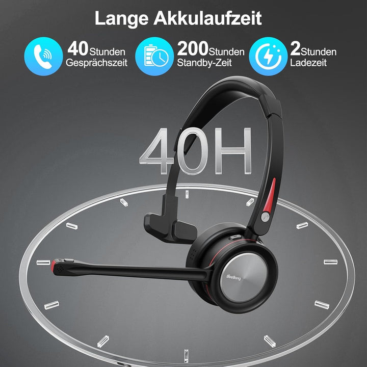 Headset mit Mikrofon Bluetooth, Mono Kabellose Headset für PC Laptop, Noise Canceling Wireless mit M