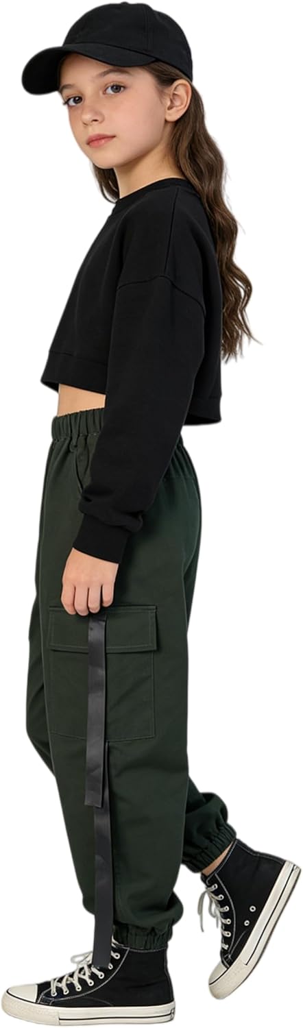 Rolanko Kinder Cargo Hose Elastische Taille Jogger Tanz Hose für Mädchen Streetwear Hip Hop Dunkel G