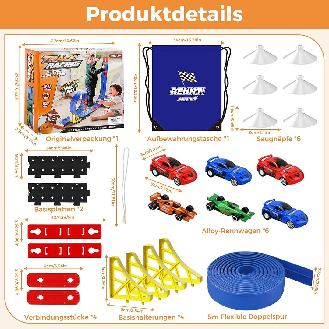 Flexible Rennbahn Kinder 5 m, Autorennbahn Kinder Doppel-Rennstrecke mit 6 Autos, Für 1/64 Autos, Sp