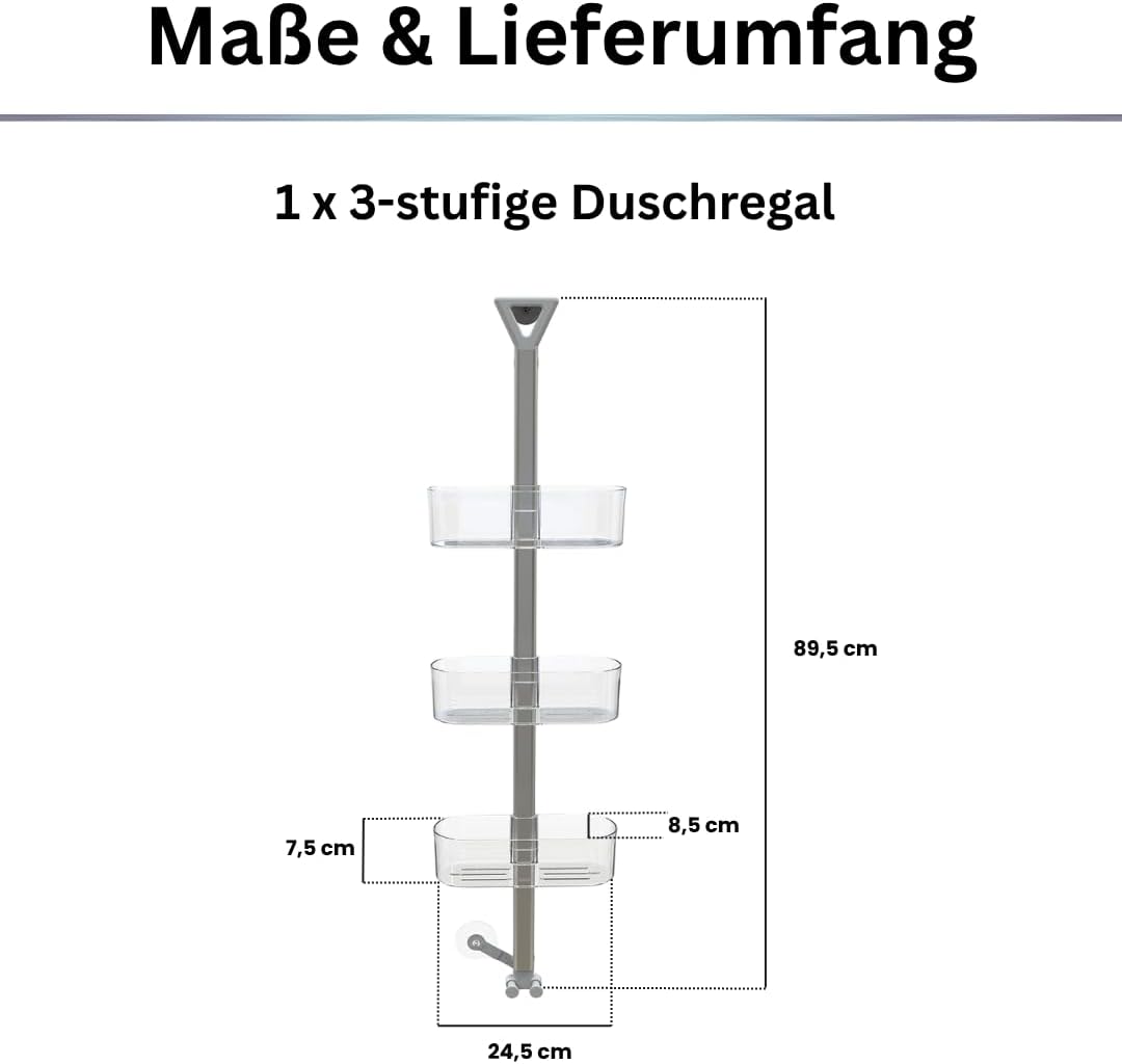 Aspira Home 3-stufiges Duschregal, verstellbar, Transparent mit Haken Set, Transparent