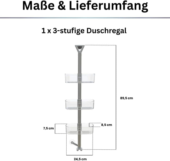 Aspira Home 3-stufiges Duschregal, verstellbar, Transparent mit Haken Set, Transparent