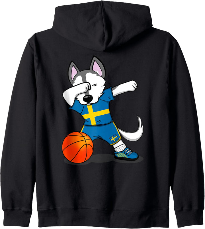 Dabbing Husky Hund Schweden Basketball Mannschaft Flagge Kapuzenjacke