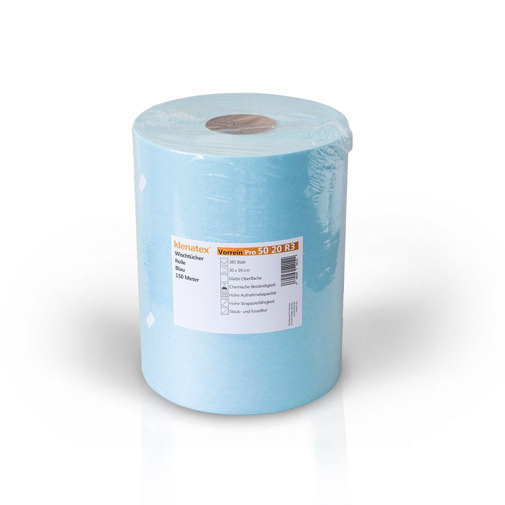 klenatex Wischtücher Putztücher Wischtuchrolle Vorrein Pro, 385 Blatt, 30x39 cm, reissfest, weiss/bl