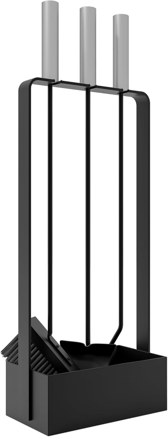 Kingson Kaminbesteck mit Edelstahlgriffen - 3 Werkzeuge - 53cm - schwarz pulverbeschichtet Ständer