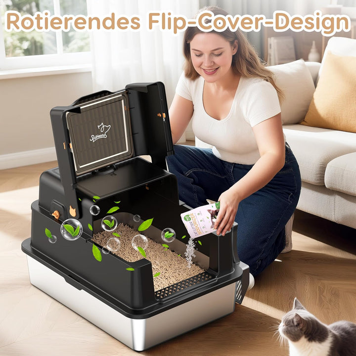 XXXL-Katzentoilette aus Edelstahl mit Deckel, PalNests Extra Grosse Geschlossene Katzentoilette aus