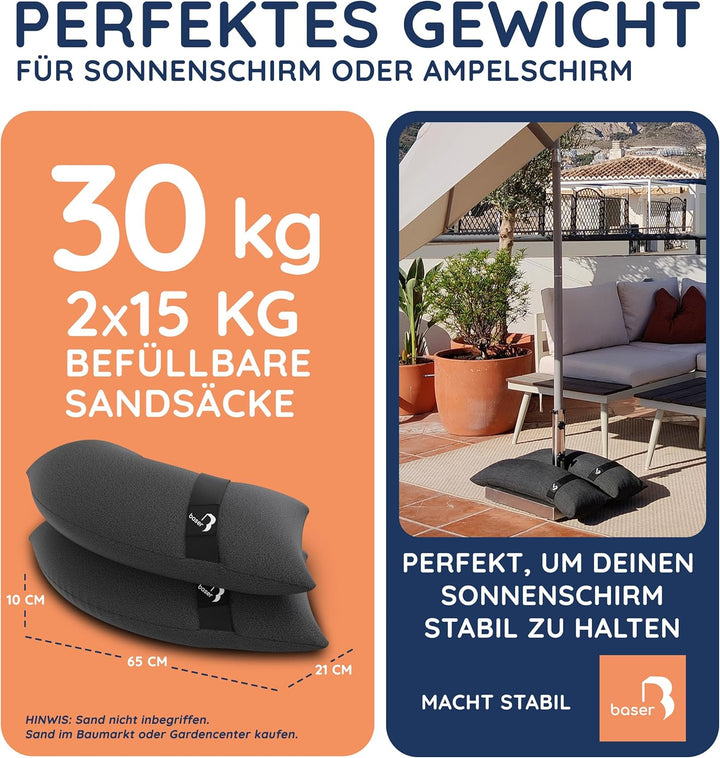 BASER - Runde auffüllbare Sandsäcke, 2 x 15 KG, auffüllbare Gewichte für Ampelschirme, Sonnenschirme