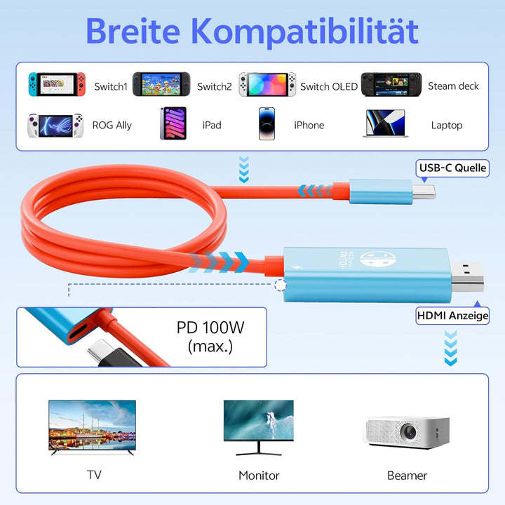 USB C auf HDMI Kabel Adapter 2m, 4K@60Hz 100W PD Laden, Tragbare Dockingstation Ersatz für Switch 2/