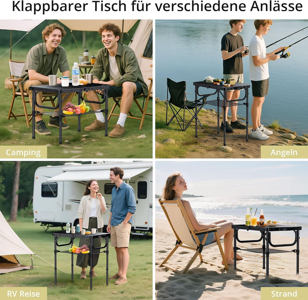 Anbte Campingtisch Klappbar 58x40cm Aluminium Silber-Rahmen Picknicktisch 3 Höhen Verstellbar 26/48/