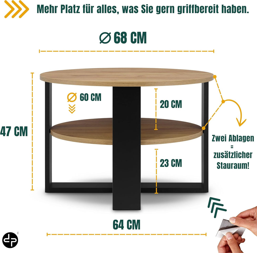 defiPad Couchtisch rund Eiche Ø70 cm - Beistelltisch mit Ablage - 2 Ebenen, runder moderner Kaffeeti