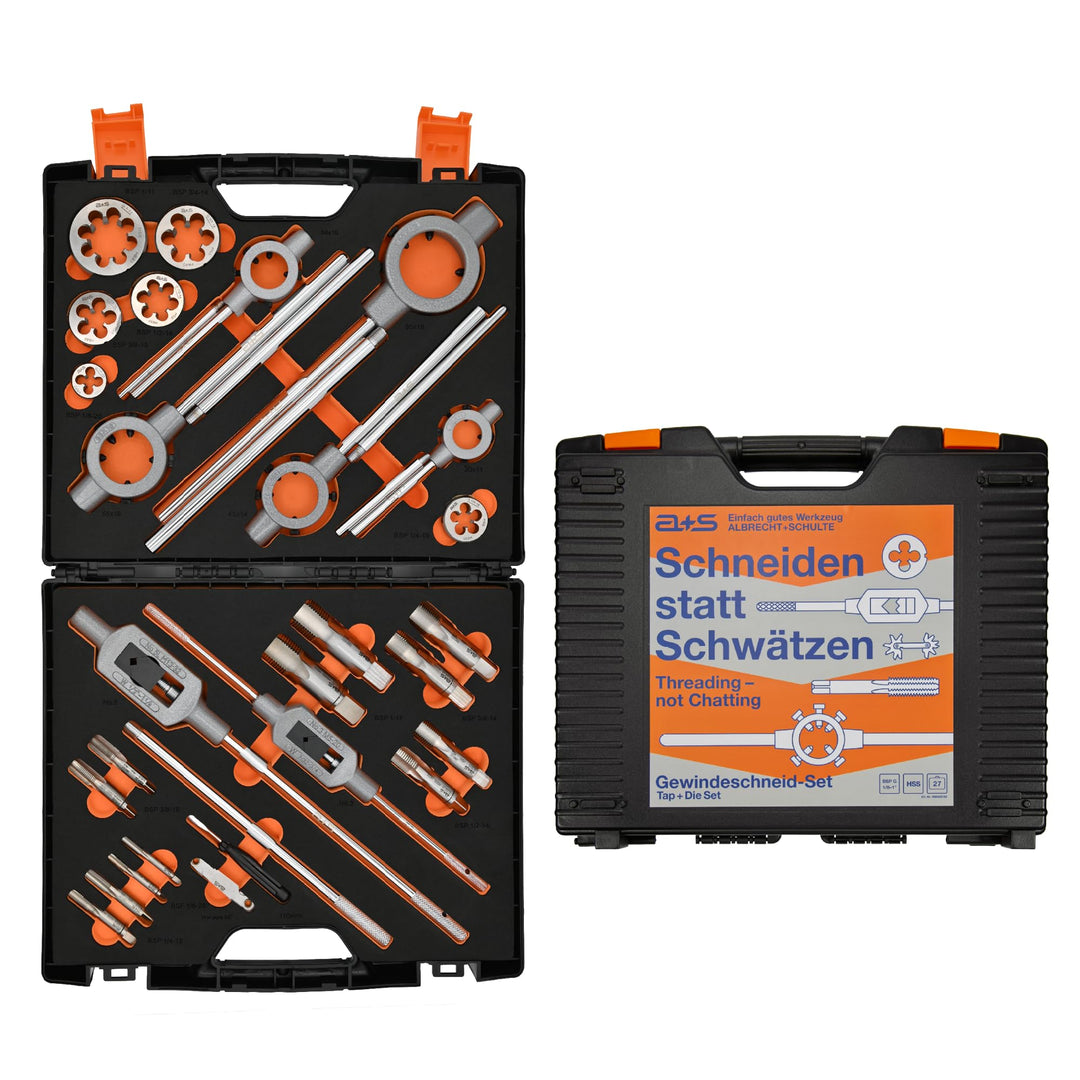a+s HSS BSP G Rohrgewindeschneider Set | 1/8-1'', 27-tlg. | Gewindeschneider Set Zoll | Whitworth Ro