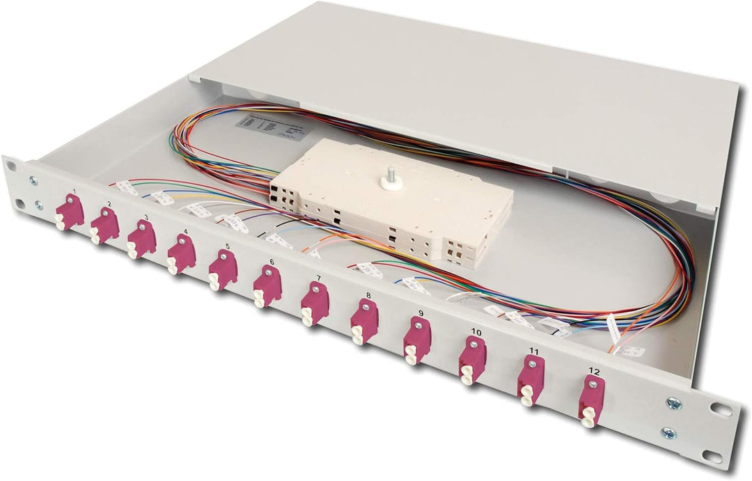 DIGITUS LWL Spleissbox 12 Kupplungen - LC - OM4 - 1HE 19-Zoll - Multi-Mode Duplex - Mit Spleiss-Kass
