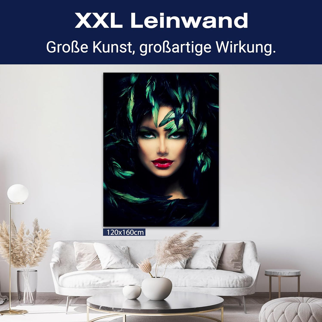 wandmotiv24 Model Motiv als Leinwandbild, 80x60cm, Hochformat, Frau im Dschungel, Pflanzen, rote Lip