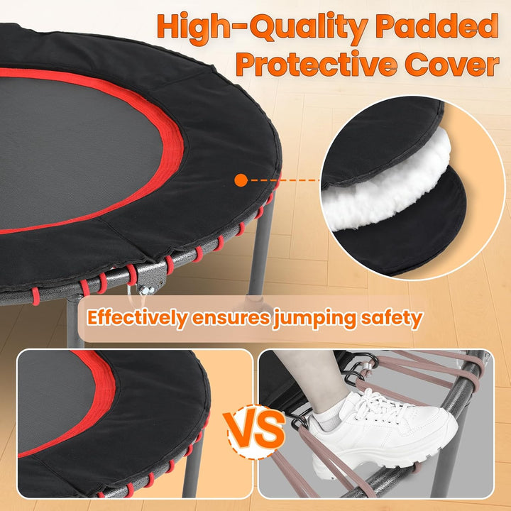 LIFERUN Fitness Trampolin Indoor | mit Randabdeckung | Bis 150kg Belastbar | 3 Verstellbare Haltegri