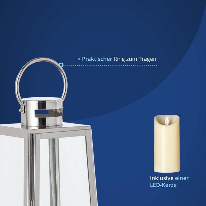KHG Laterne 70 cm mit LED-Kerze in Silber aus Stahl/Glas, pyramidenförmig, praktischer Tragegriff Ke
