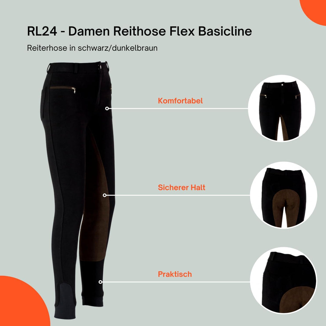 RL24 Damen Reithose Vollbesatz Flex BASICLINE 36 Schwarz/Dunkelbraun, 36 Schwarz/Dunkelbraun