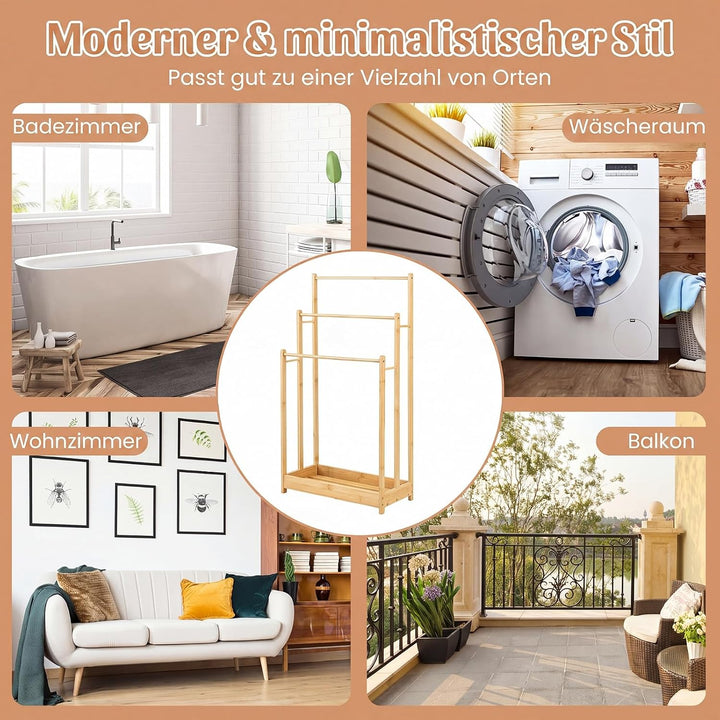 COSTWAY Handtuchständer freistehend, Handtuchhalter Holz mit 3 Handtuchstangen &amp; unterer Ablage &amp; Ki