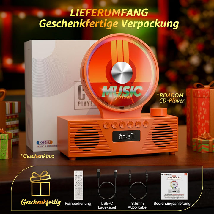 ROADOM Tragbarer CD-Player mit Bluetooth, Hi-Fi Stereo & Akku | Bluetooth TX & RX, 4000mAh Akku, Ret