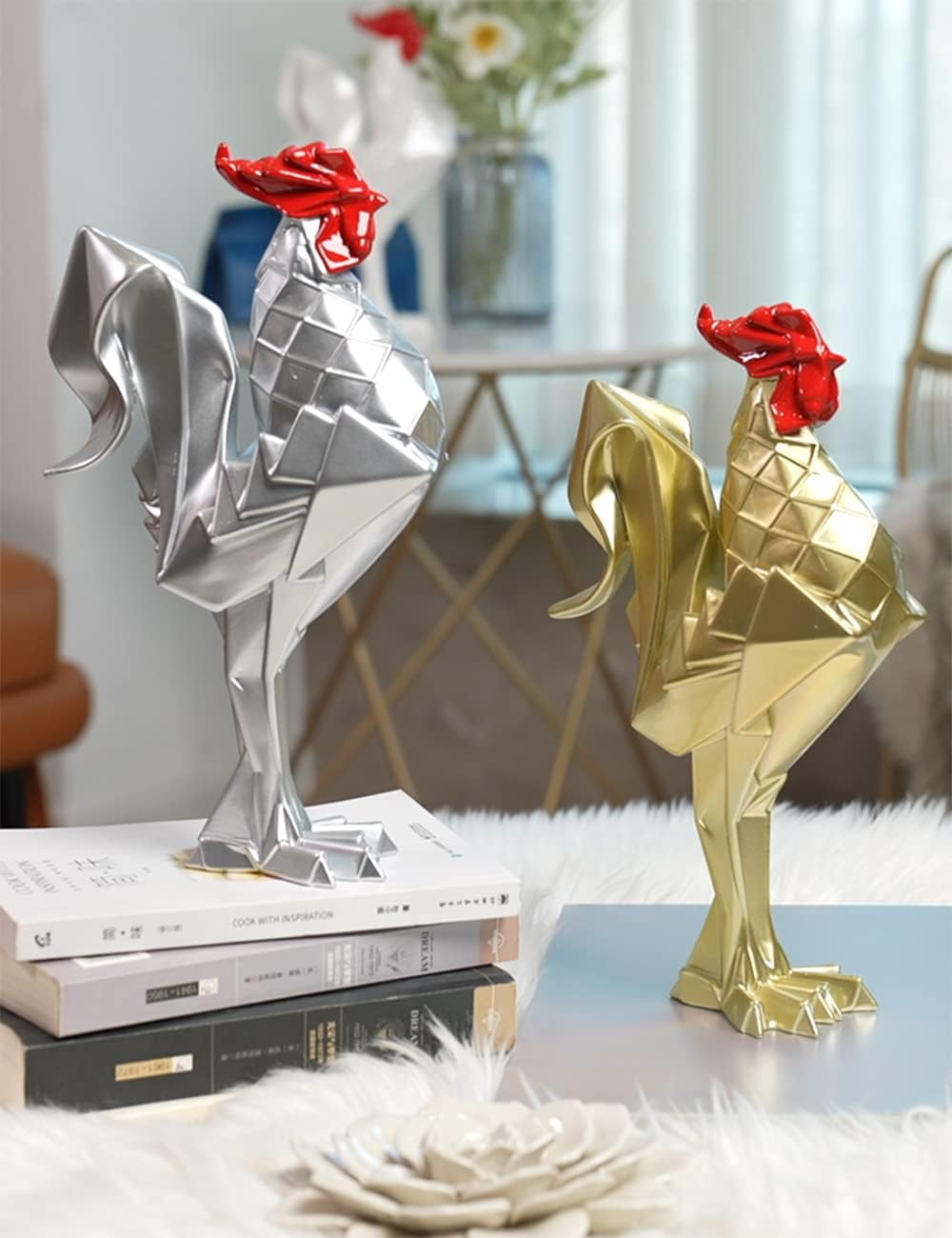 NENBOLEC Modern Skulptur Dekor Hahn Statue Tier Arts Wohnzimmer Kunst Polyresin Silber Geschenk 31cm