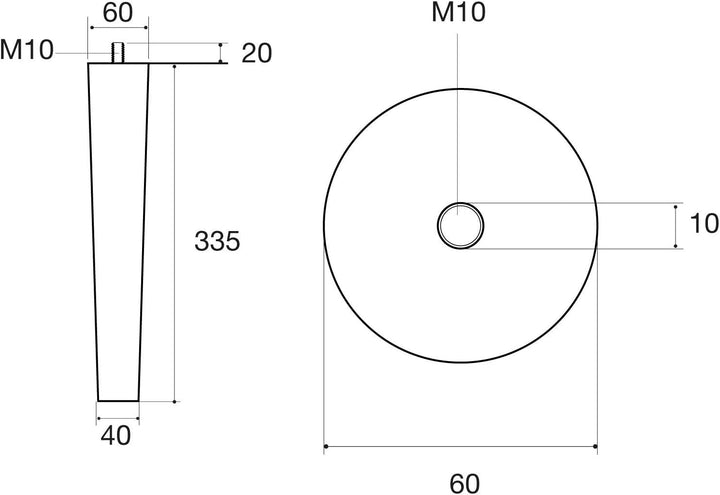 4er Set Tischbeine Eiche roh H 335 mm/Ø 60/40 mm mit Gewindestift M10 / Ideal für Möbel & Couch-Tisc