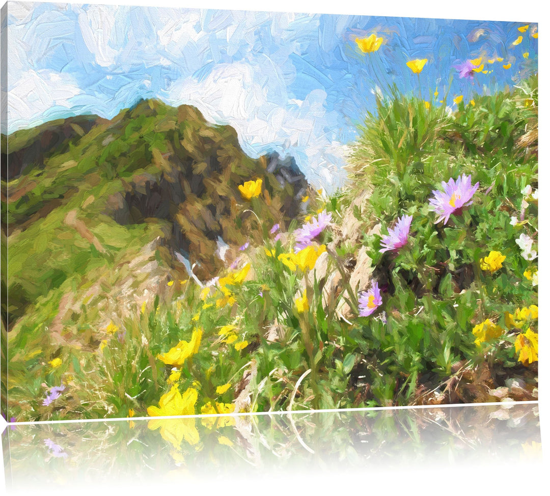 Pixxprint Bergwiese im Frühling als Leinwandbild/Grösse: 100x70 cm/Wandbild/Kunstdruck/fertig bespan