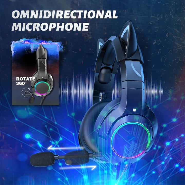 Gaming-Headset mit Mikrofon, abnehmbare Katzenohr-Kopfhörer, Katzenohr-Design mit RGB-Beleuchtung, V