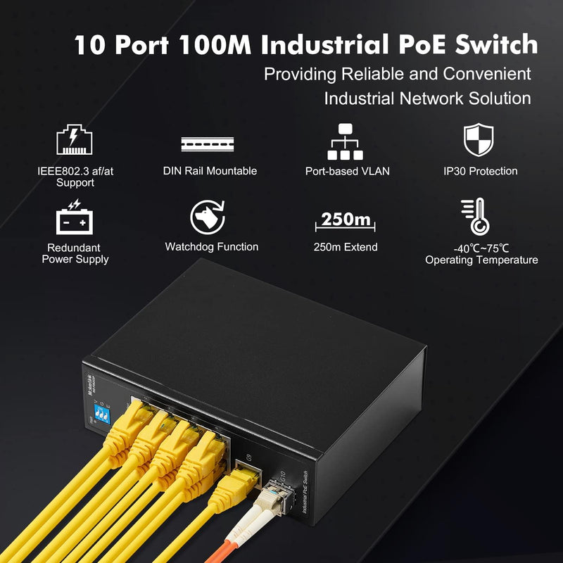 MokerLink 10 Port PoE Industrial Din Rail Switch, 8 Ports PoE+ 100Mbps IEEE802.3af/at, 1 Gigabit Eth