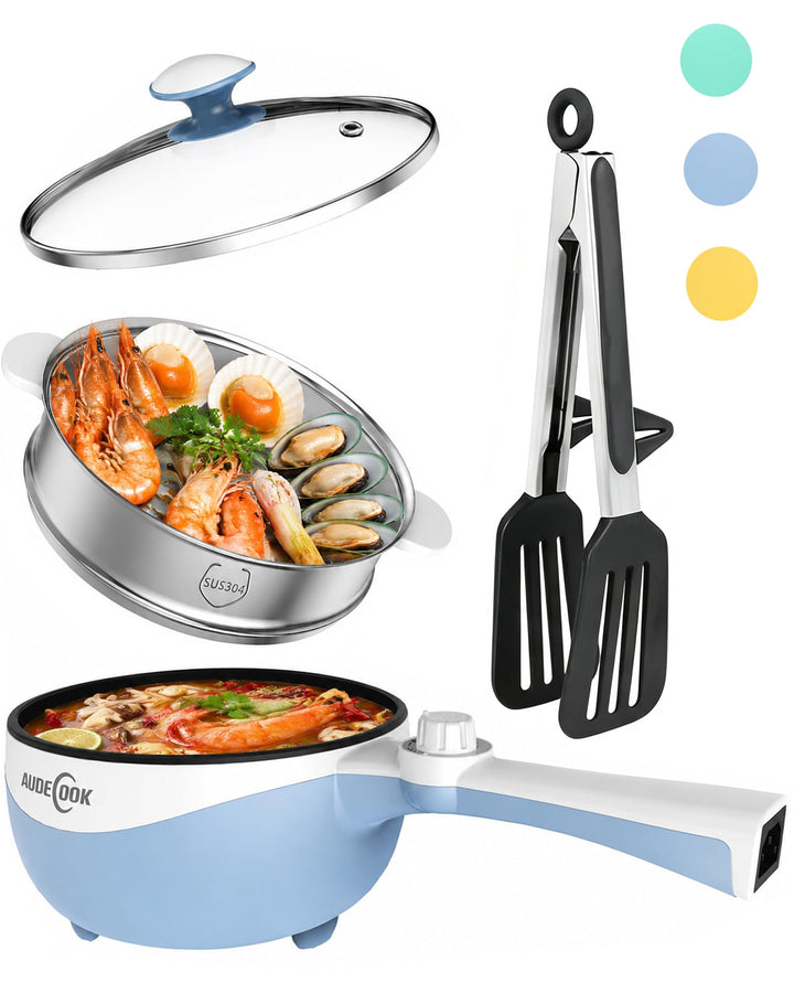 Audecook Elektrischer Topf mit Dampfgarer, 1.7L Mini Elektrische Bratpfanne für Wohnheim Antihaftbes