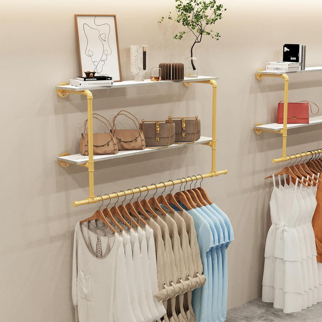 unho Kleiderstange zur Wandmontage, Wandgarderobe mit 2 Ablage im Industrierohrstil, Wandgarderoben