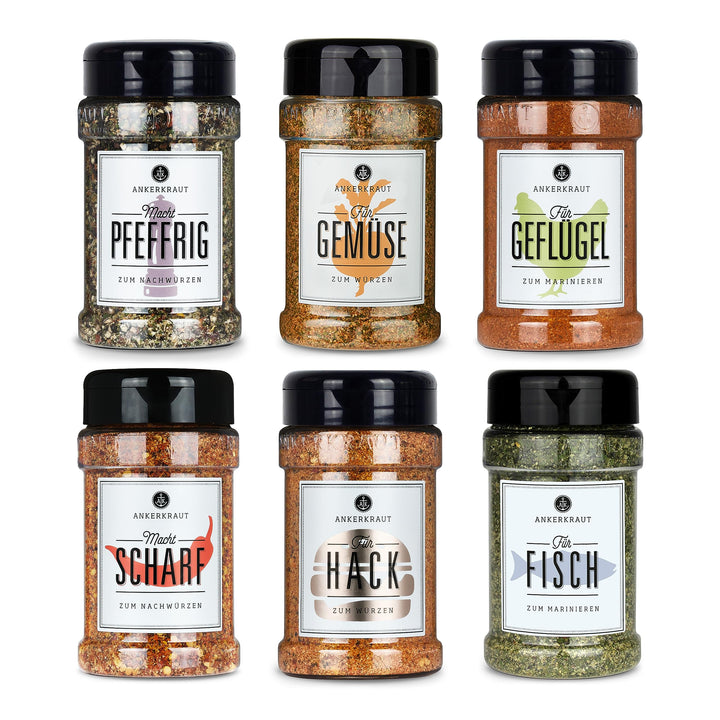 Ankerkraut 'Einfach kochen' Set, 6 Gewürz Streuer im Bundle, für Geflügel, Fisch, Hack, Gemüse, Scha