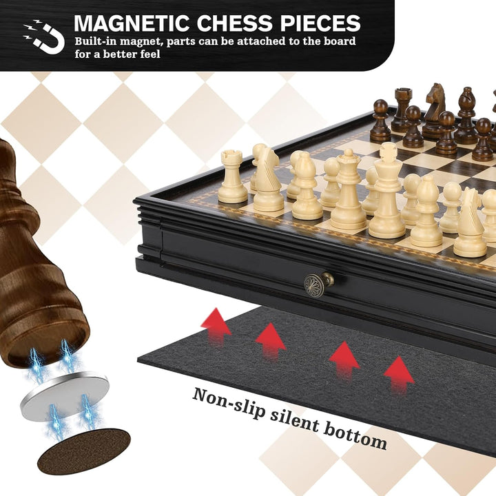 Peradix 2 in 1 Magnetisch Schachspiel mit Dame Spiel aus Holz, 32CM/12.6IN Schachbrett mit Lagerschu