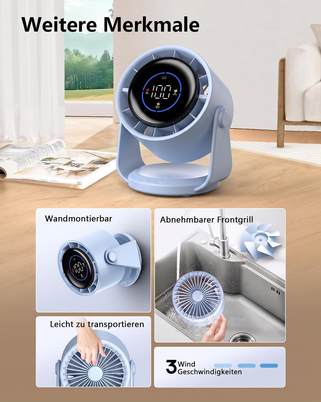 Tischventilator, USB Ventilator mit 100 Geschwindigkeitsstufen 105° Schwenkfunktion LED Display mit