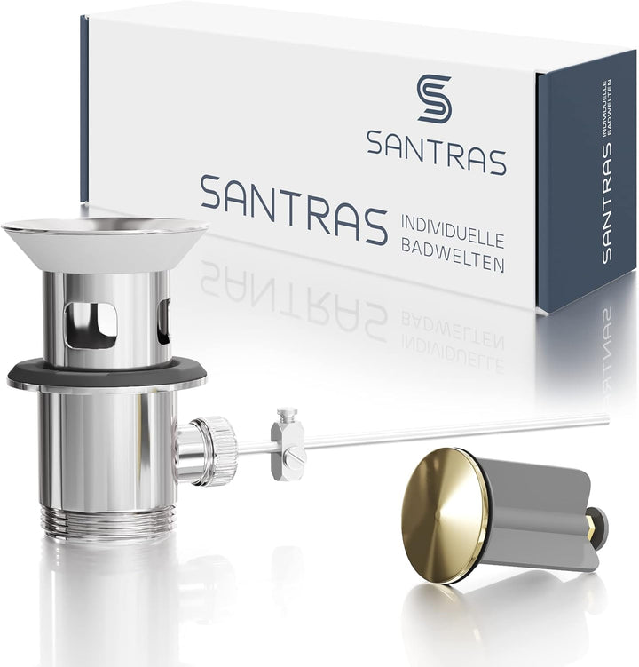 SANTRAS® Exzenter Ablaufgarnitur PREMIUM für Waschtisch mit Schutz vor Überlauf in Chrom/Edelmessing